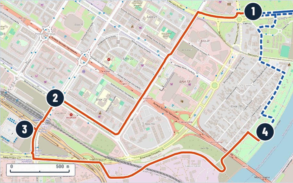 Mapa rute Treka II kroz Novi Beograd i centar